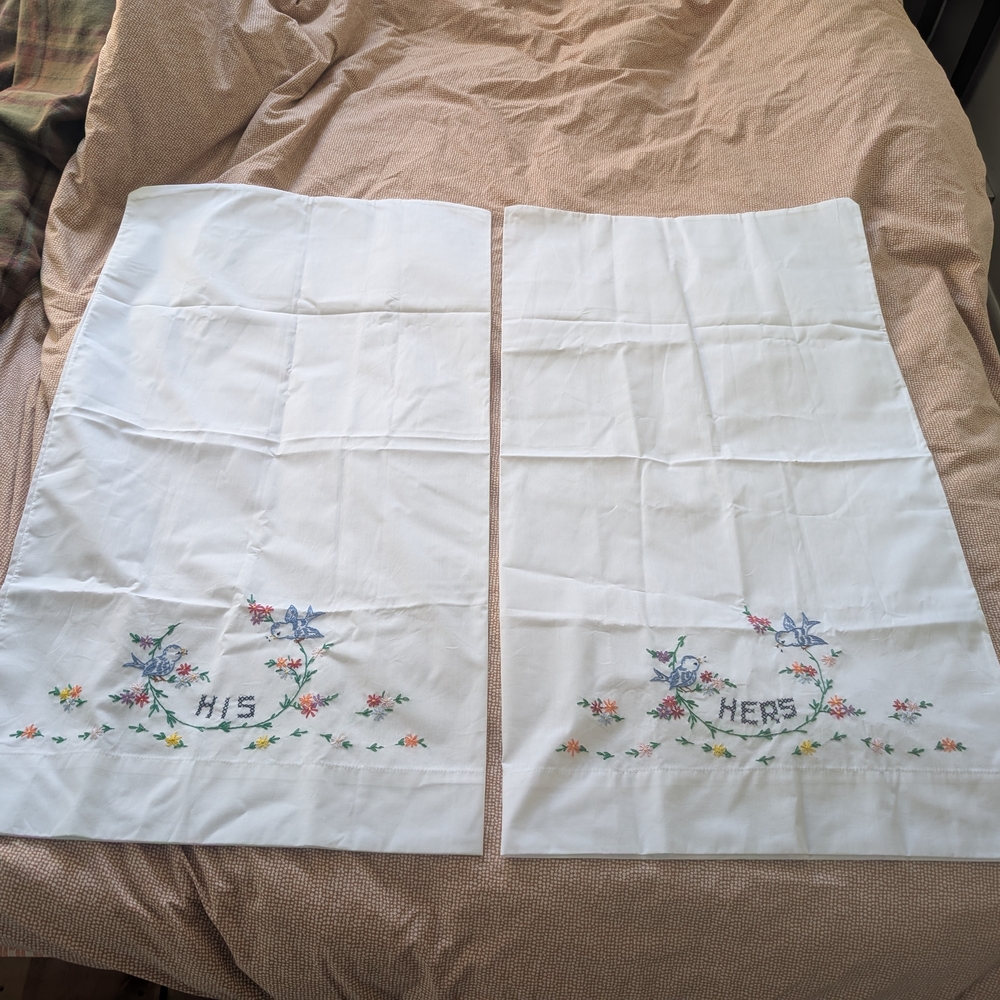 Vintage Embroidered His and Hers Pillowcases
